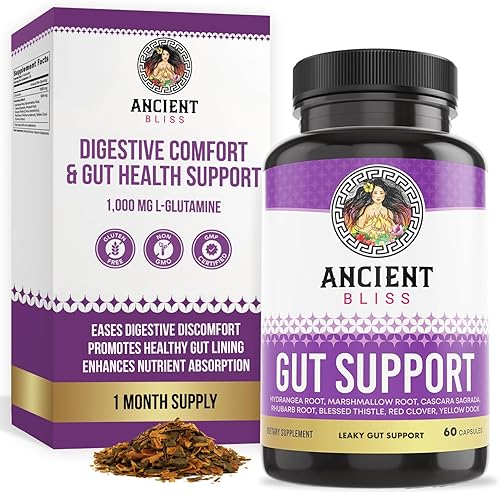 Ancient Bliss Suplemento intestinal con fugas, cápsulas L de glutamina para apoyo intestinal con raíz de cardo bendito y hortensia, vegano y sin