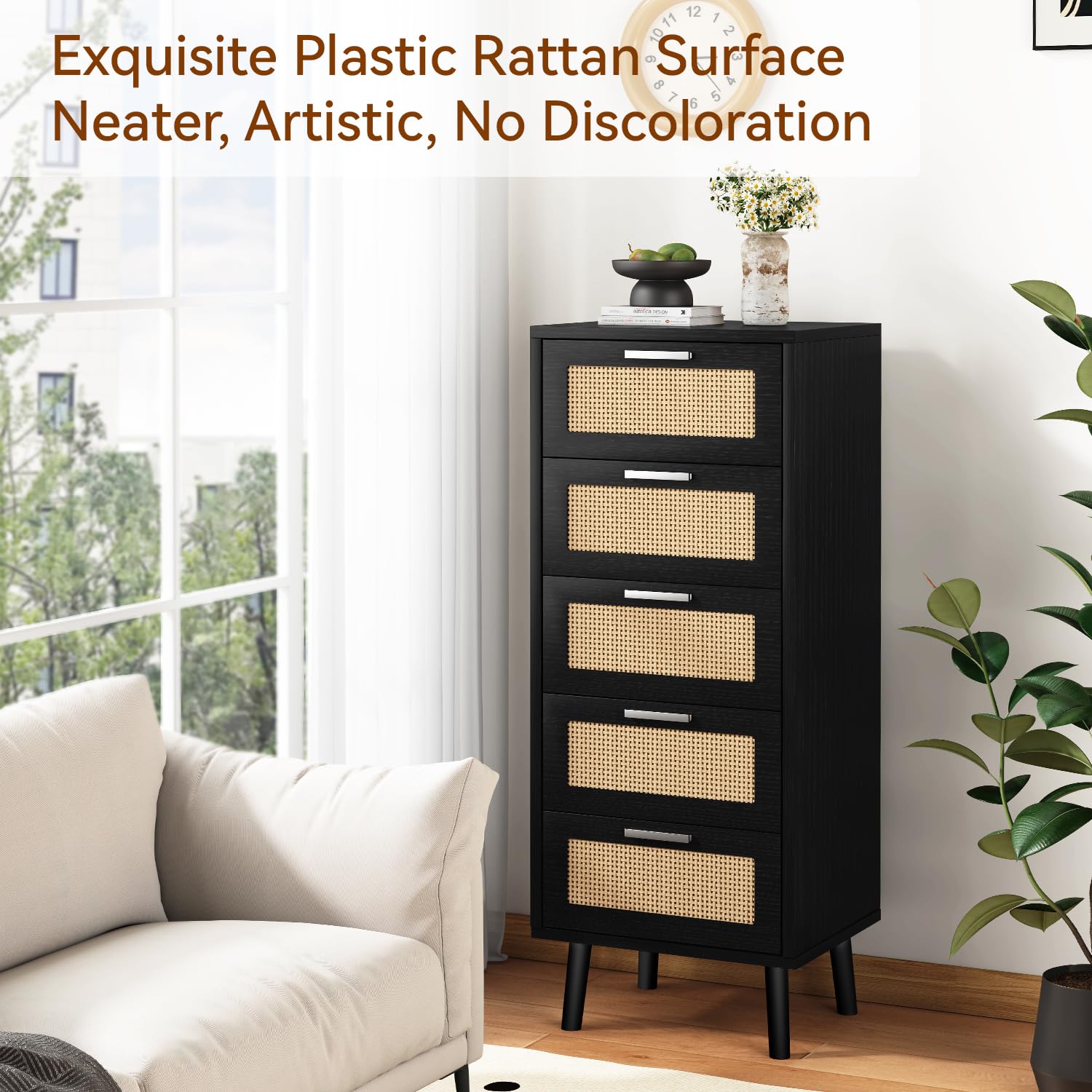 IBUYKE Cómoda Dormitorio, con 5 cajones Decorados de ratán, Mueble Cajonera con Patas de Madera, 40x34x108.5cm, Mueble Almacenaje Madera para Salón, Pasillo,Negro WST010B