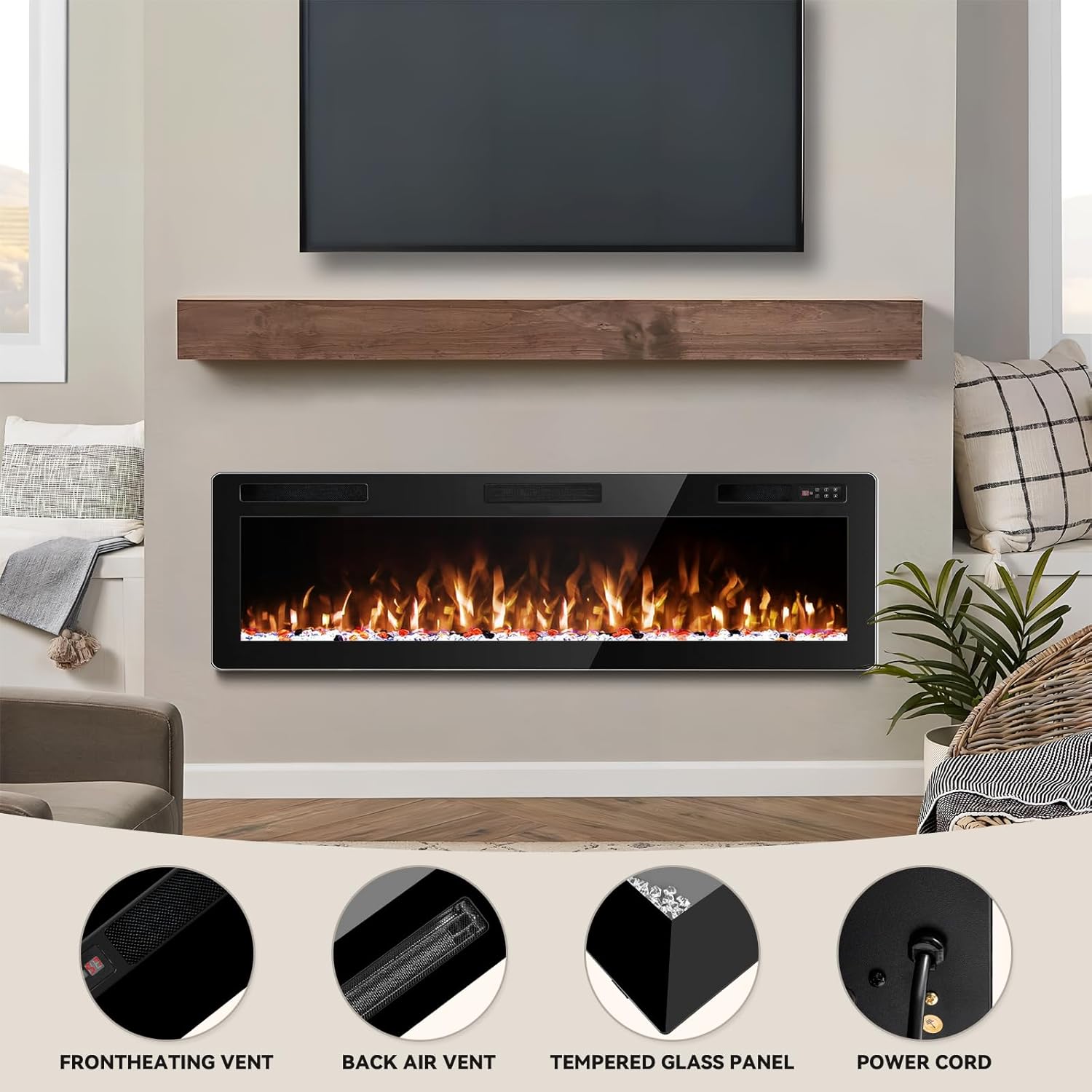 60 Inch Electric Fireplace, Ultra-Thin Wall Mounted Fireplace Insert Recessed and Wall Fireplace Electric with Remote Control, Adjustable Multi-Flame Color & 8H Timer, Low Noise, 750/1500W
