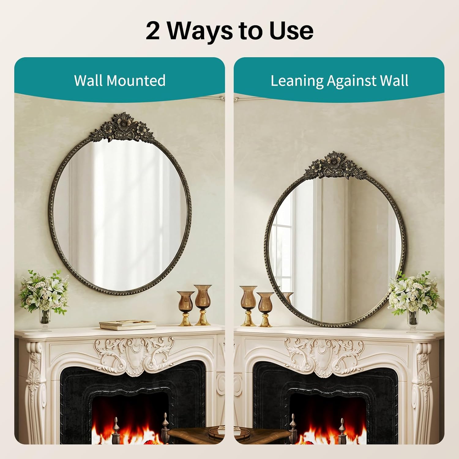 Round Wall Mirror - 24"x26" Antique Black Rococo Decoration Circle Mirror with Beaded Metal Frame - Vintage Ornate Wall Decor for Bathroom, Fireplace, Living Room, Hallway, Bedroom