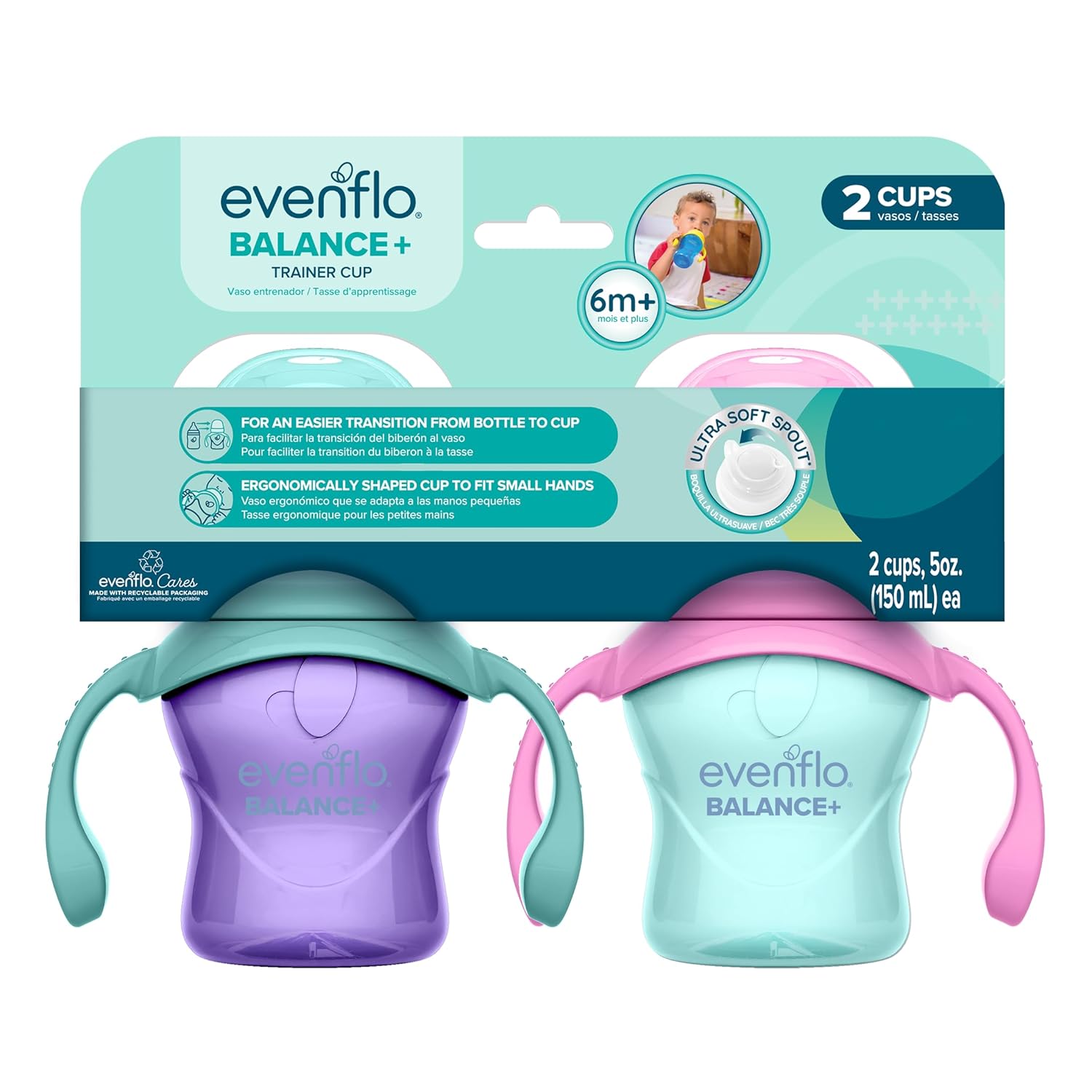 Evenflo Balance+ Trainer Cup with Ultra Soft Spout, Purple & Mint with Pink & Teal Handles, 5oz, 2 Pack, for 6+ Months