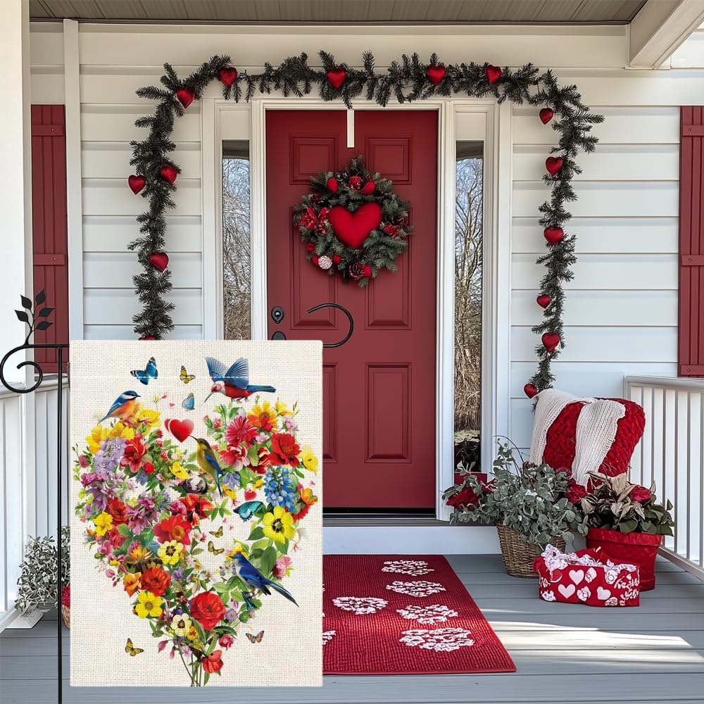 Spring Summer Birds Flowers Butterflies Garden Flag for Outside Colorful Floral Love Hearts Outdoor Yard Flag 12x18 Inch Double Sided - Image 6