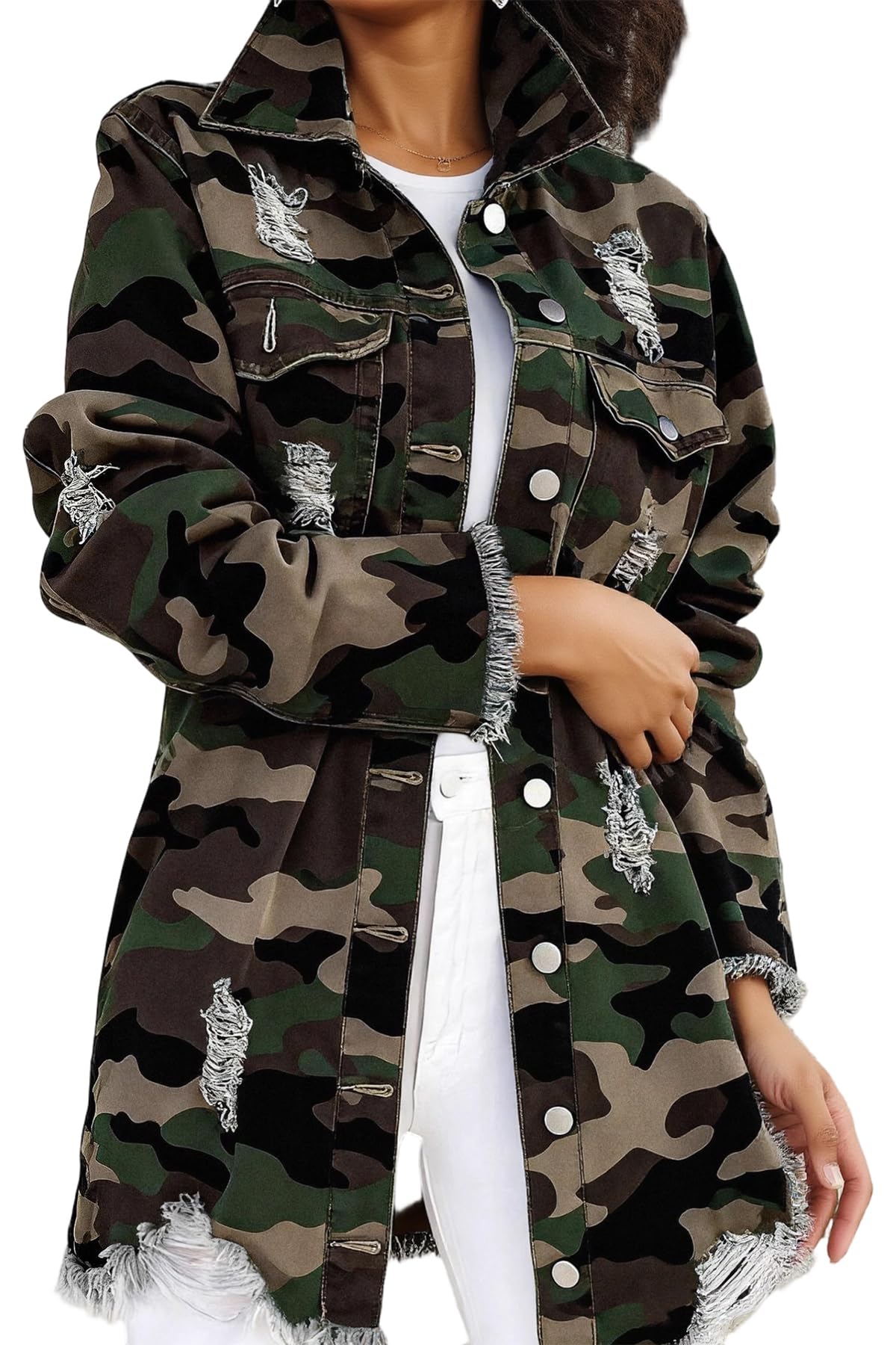LETSVDO Womens Camo Blazer Jacket Lapel Long Sleeve Buttons Up Army Fatigue Cardigan Ripped Fray Fringe Hem Overcoat