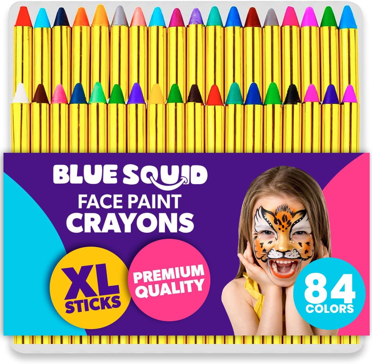 Face Paint Crayons for Kids, Blue Squid 84pcs XL Face & Body Painting Makeup Crayons, Safe for Sensitive Skin, Metallic & Classic Colors, Birthdays & Halloween Makeup Sticks - (2 x 42 Color Sets)
