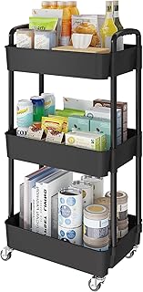 Laiensia 3-Tier Storage Carts,Multifunction Utility Rolling Cart Kitchen Storage Organizer,Mobile Shelving Unit Cart with Lockable Wheels for Bathroom,Laundry,Living Room,With Classified Sticker,Black