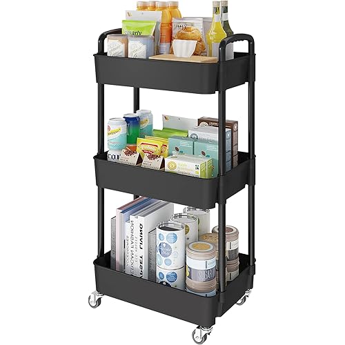 Laiensia 3-Tier Kitchen Storage Cart,Multifunction Utility Rolling Storage Organizer,Mobile Shelving Unit Cart with Lockable Wheels for Bathroom,Laundry,Living Room,With Classified Stickers,Black