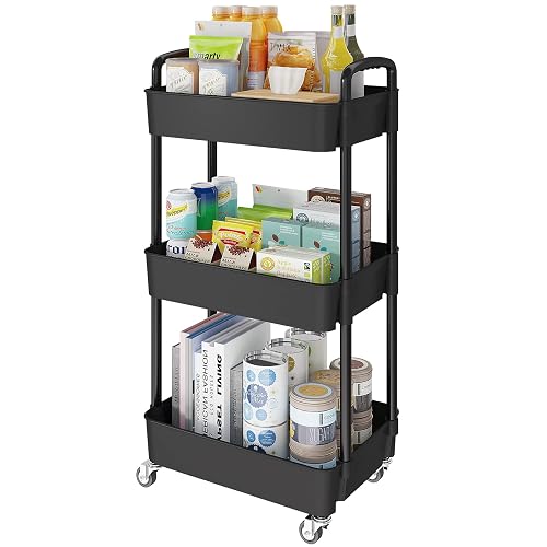 Laiensia 3-Tier Storage Carts,Multifunction Utility Rolling Cart Kitchen Storage Organizer,Mobile Shelving Unit Cart with Lockable Wheels for Bathroom,Laundry,Living Room,With Classified Sticker,Black