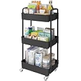 Laiensia 3-Tier Kitchen Storage Cart,Multifunction Utility Rolling Storage Organizer,Mobile Shelving Unit Cart with Lockable Wheels for Bathroom,Laundry,Living Room,With Classified Stickers,Black