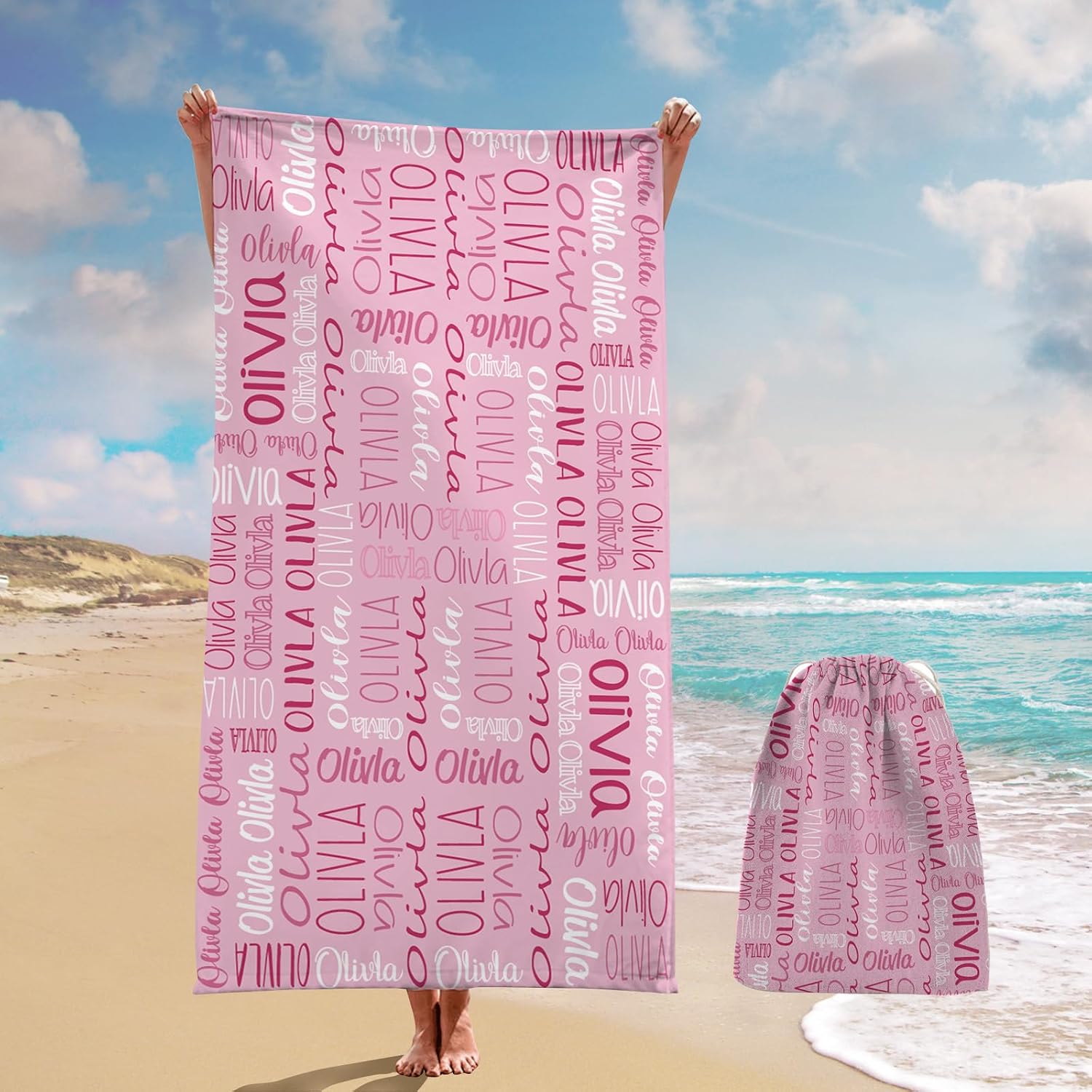 Personalized Beach Towel with Bag - Custom Oversized Soft Lightweight Absorbent Microfiber Bath Pool Towels with Multi-Fonts Name Design for Baby Kids Adults Boys Girls Gifts Color04