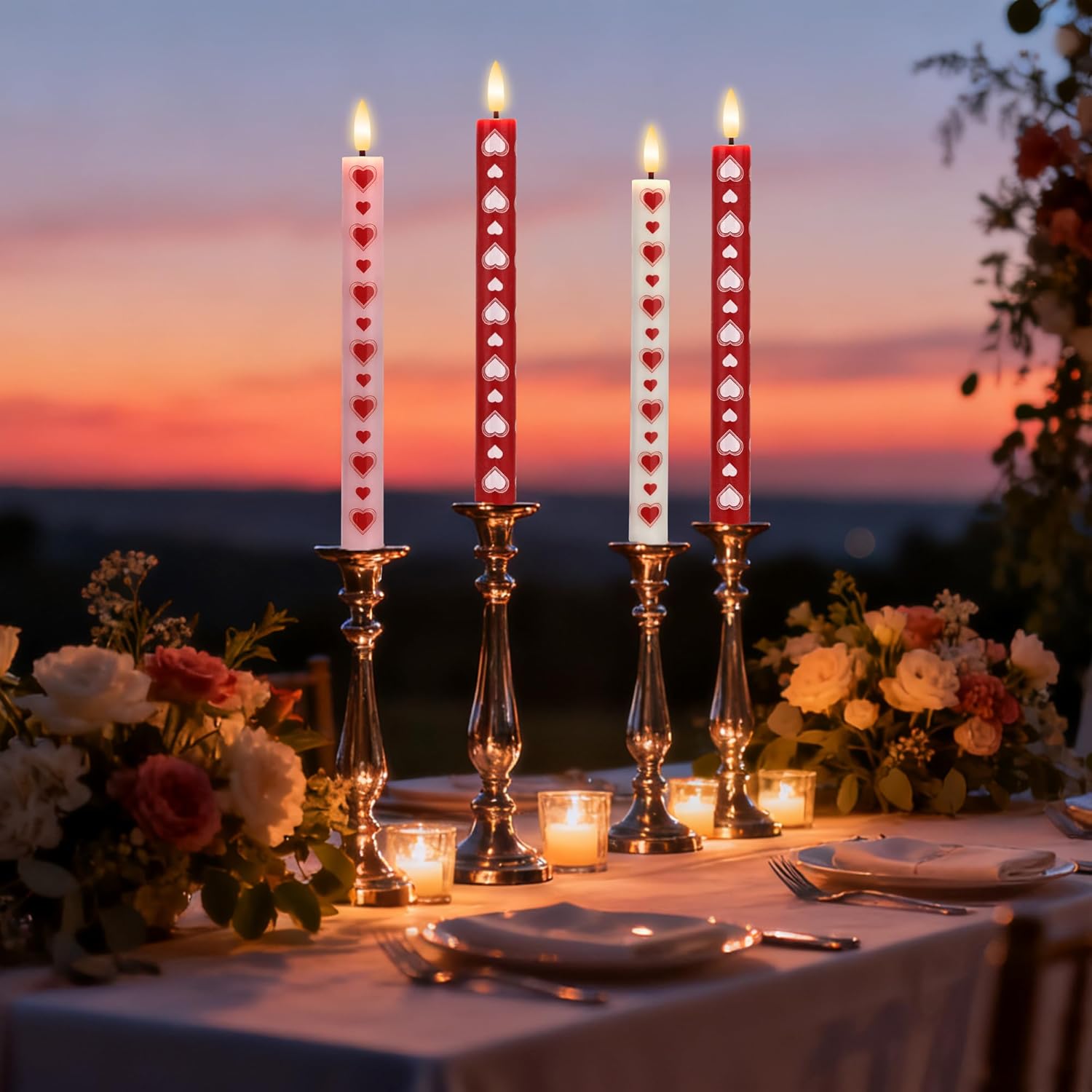 Valentines Day Candles Heart Flameless Taper Candles with Remote, Real Wax Battery Operated Candles,Romantic LED Candlesticks for Valentine Decor, Proposal Wedding & Dinner Table (4 Pack)