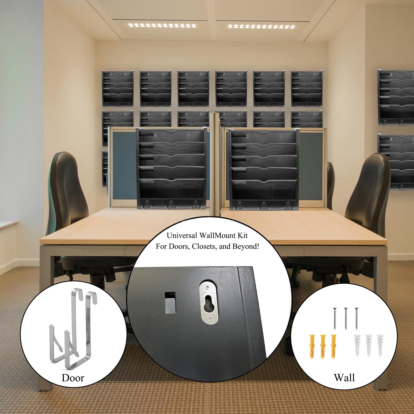 Schreibtisch-Organizer aus Holz mit 5-stöckigem Metallgeflecht, wandmontierbarer Dokumenten-Organizer, vertikaler Papierordnerhalter mit Bodenablage für Büro, Zuhause oder Kabine, Schwarz