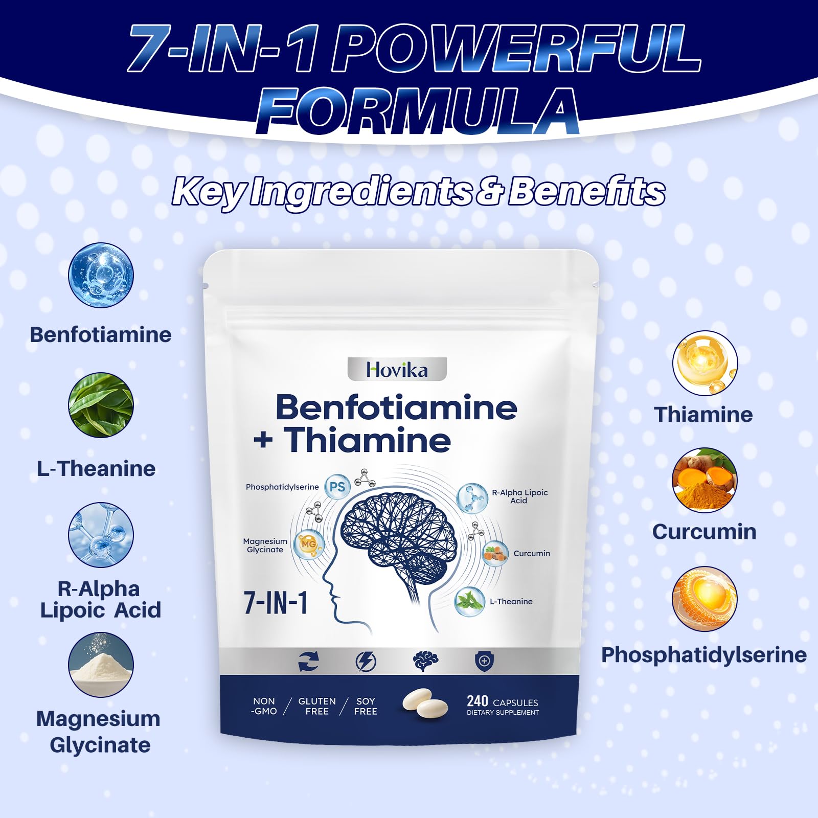 Vitamin B1 Benfotiamine 300mg with R-ALA 600mg & Thiamine - Advanced Nerve Support Supplement with Phosphatidylserine, L-Theanine, Turmeric & Magnesium - Non-GMO, Gluten Free, 240 Capsule — Amazon image 3
