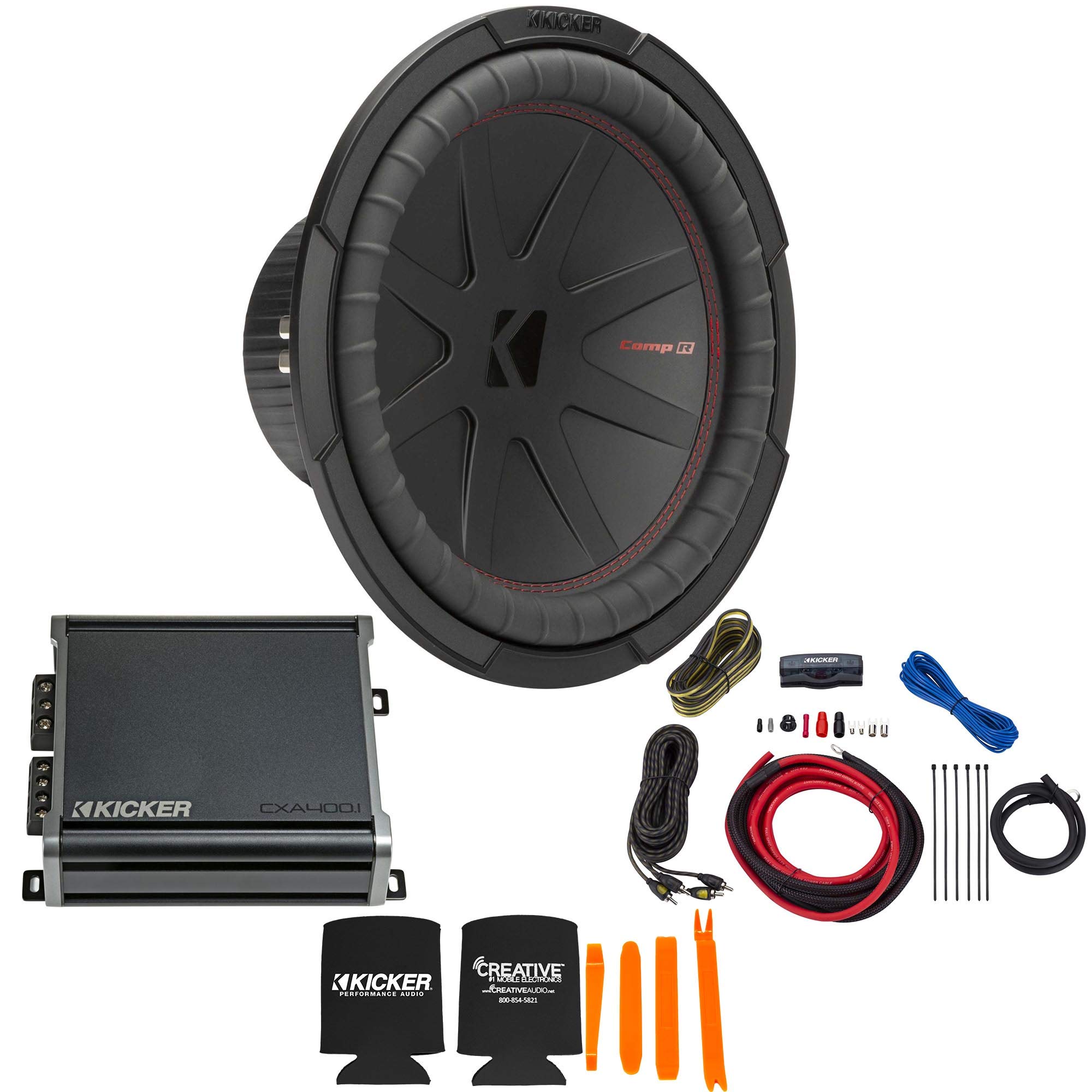 Kicker 12 Inch Comp R Woofer 48CWR124 Package with 46CXA4001 Amplifier and Wire kit