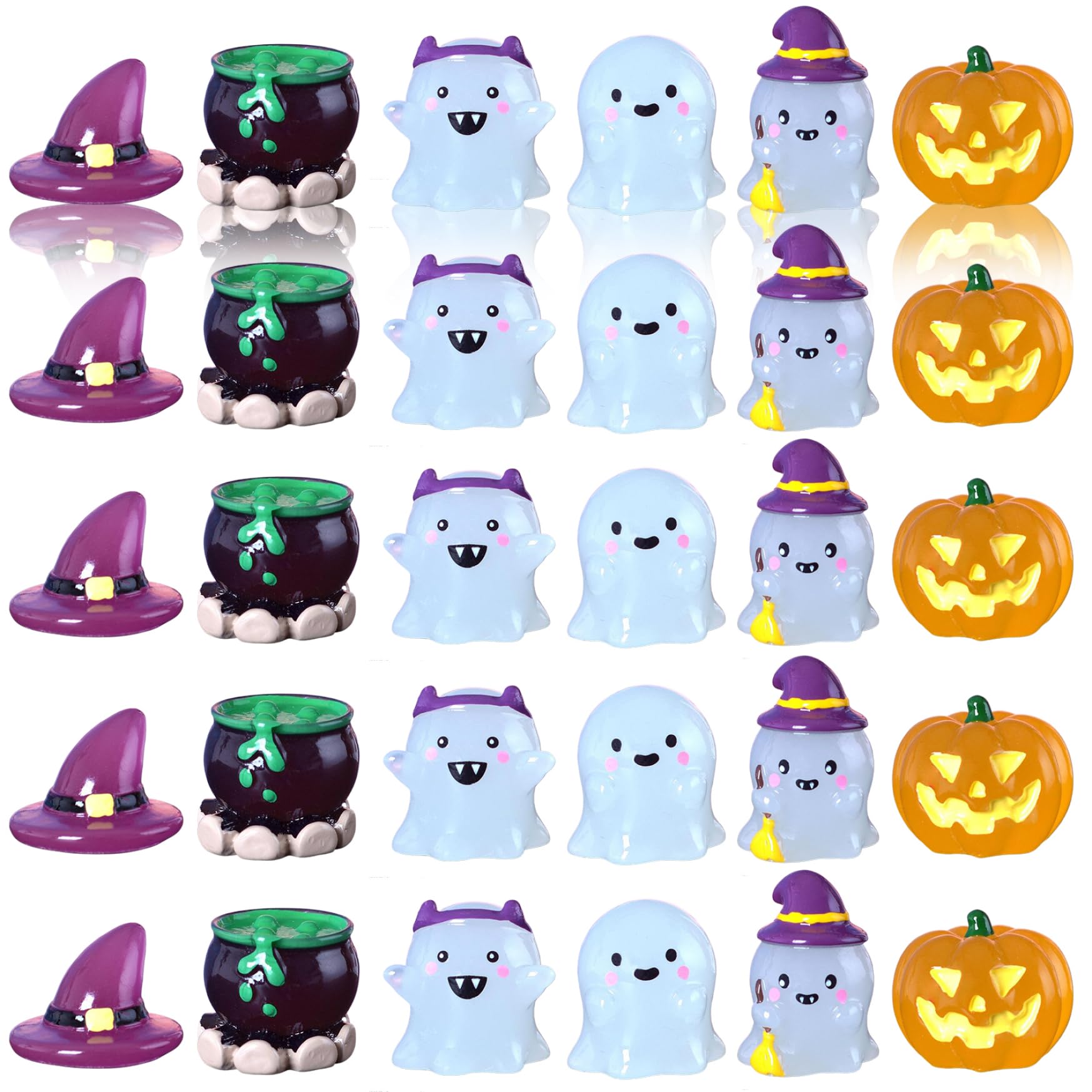 Vervevum Mini Ghost 30Pcs/Set 3 Style Luminous Ghost Figurine with Hat, Potion & Pumpkin, Miniature Resin Decorations for Halloween, Dollhouse, Microlandschaft, Figurine
