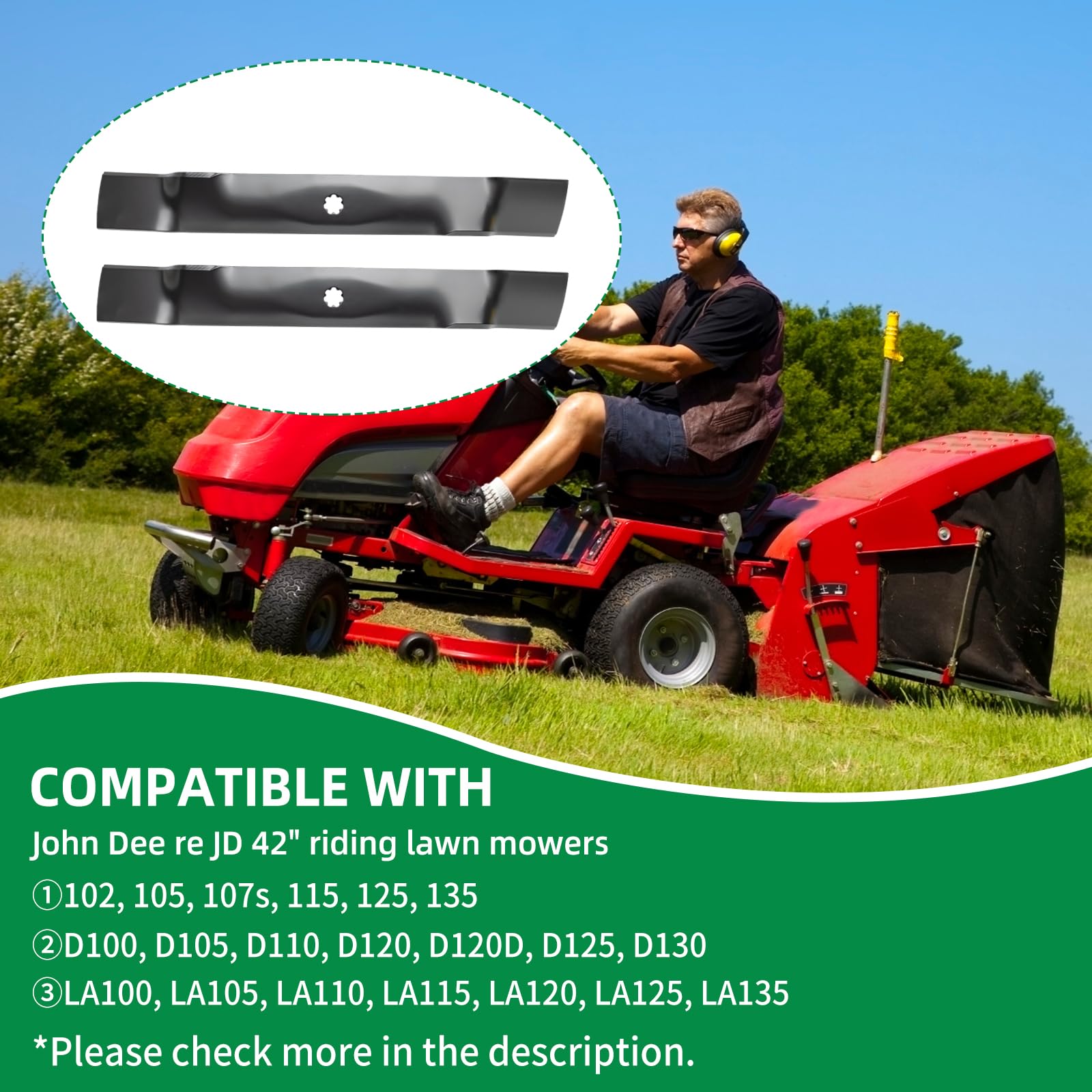 GX22151 - Cuchilla de cortacésped compatible con tractor de cubierta John Dee re de 42 pulgadas, hoja de mantillo GY20850 para cortacésped 102 115 125 135 D130 D100 D105, reemplaza AM137328