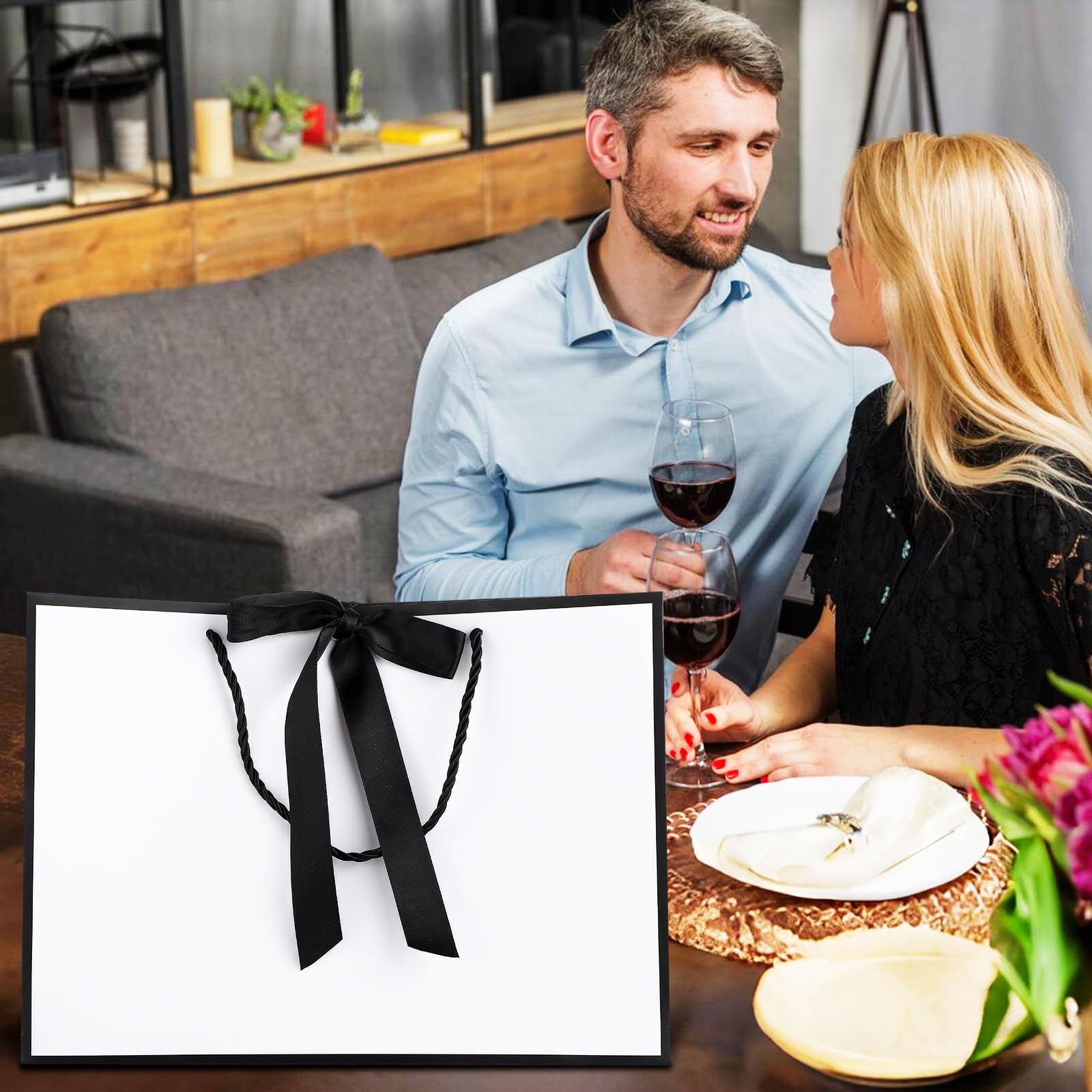 woric White Gift Bags with Handles, 14" Medium Gift Bag with Tissue Paper, 2 Pcs Gift Bags with 4 Tissue Paper and 2 Cards for Graduation Father's Day Wedding Bridal Shower Birthday Party
