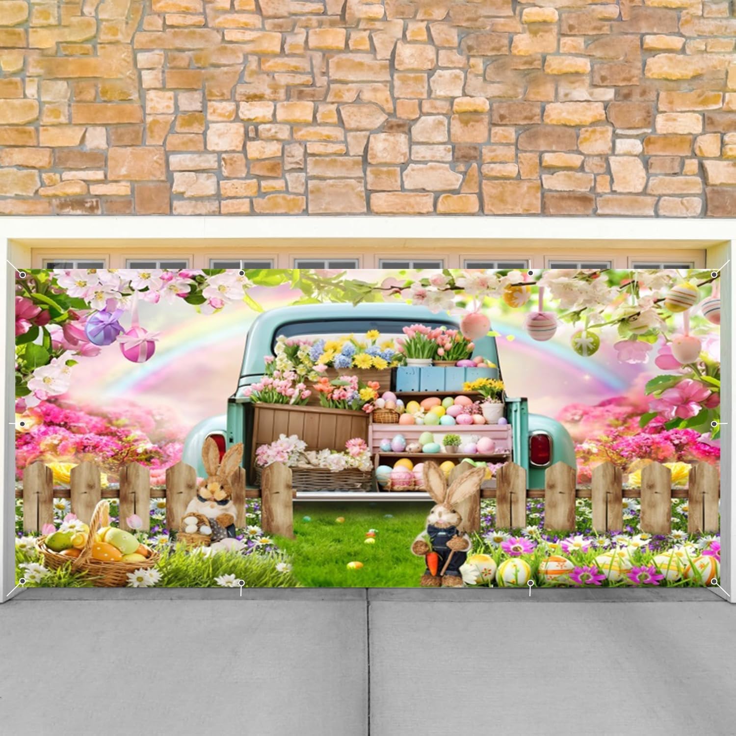 Easter Garage Door Cover Decorations Banner, Spring Occasion, Polyester Material, Green, White, Includes 4x6m Ropes, Hooks & Loop Strips, 7x16ft