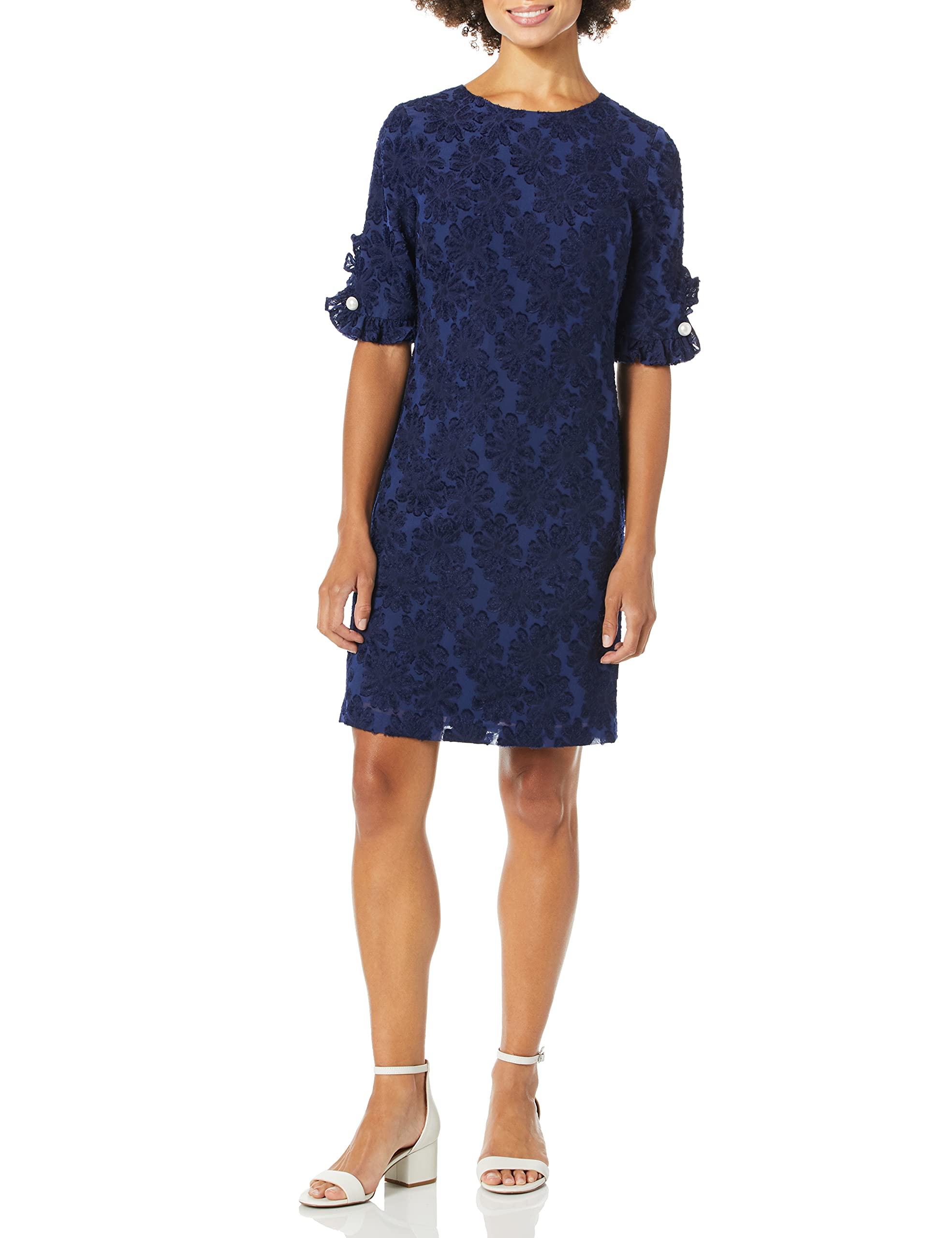 Karl Lagerfeld Paris Womens Ruffle Pearl Trim Sleeve Crepe Dress