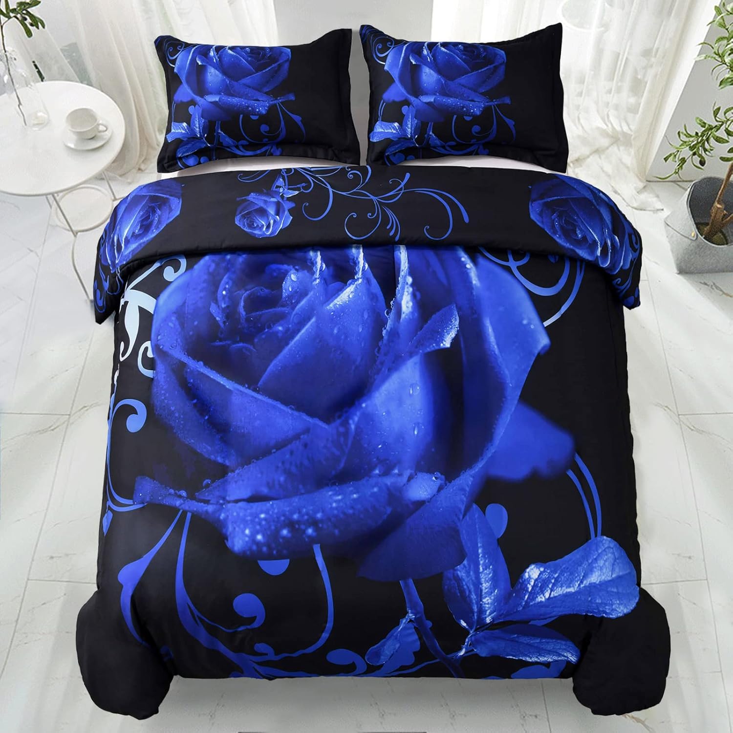 Blue Duvet Cover Queen Size Reversible Rose Bedding Duvet