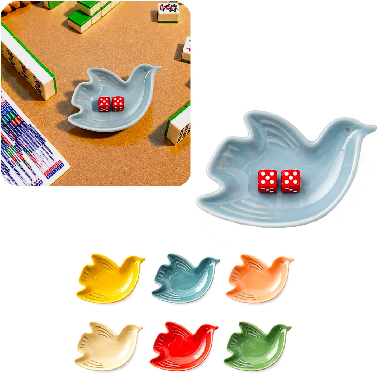 Mahjong Dice Dish For American Game Tables- Ceramic Tile-Inspired Bird & Chip Tray For Game Night, Bird Trinket Tray With Tile Holder For Coins, Markers, Jewelry, Accessories & Decor (1, Blue)