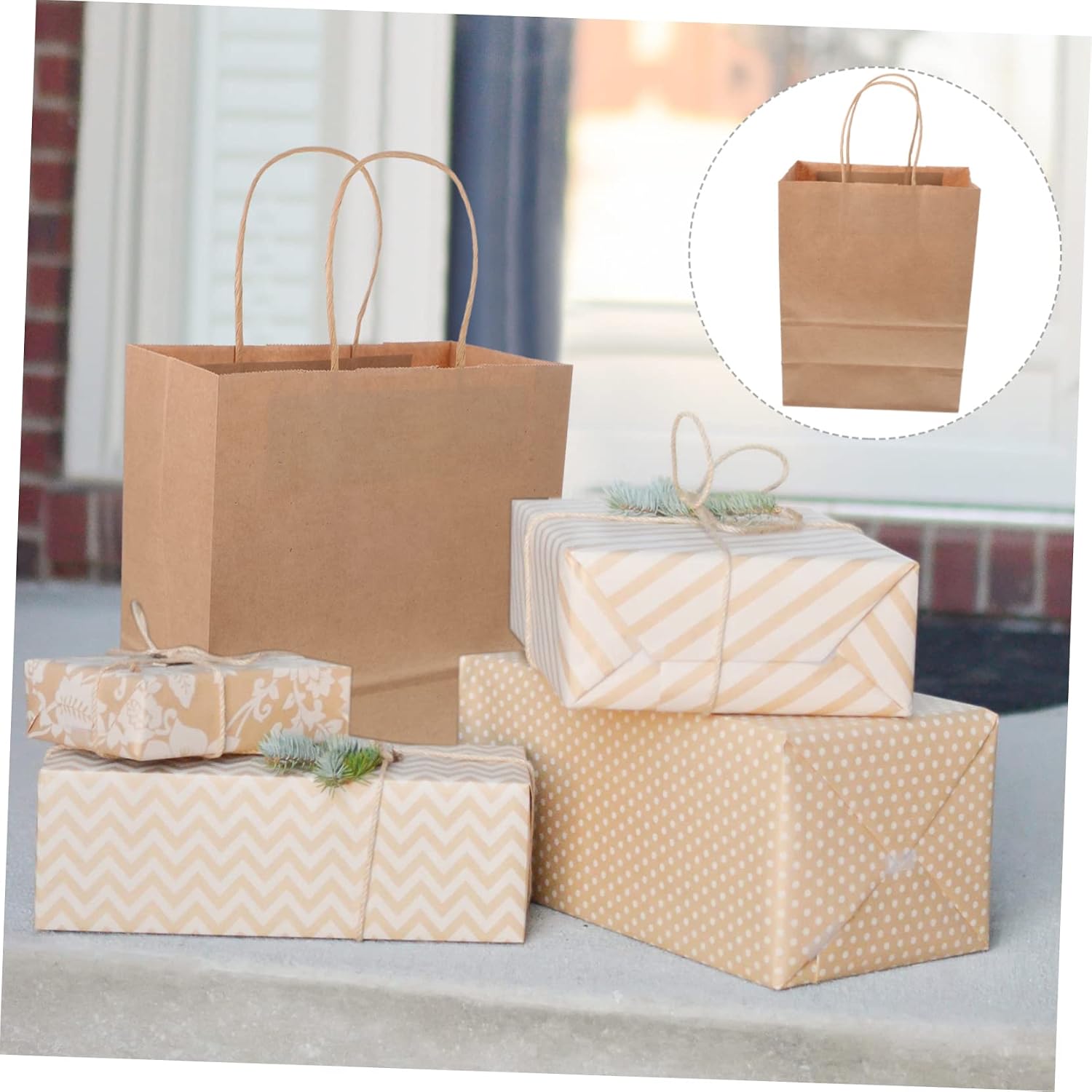 GLSTOY 20pcs Kraft Paper Tote Bags Handles Reusable Wrapping Bags for Parties Holidays Shopping and Snacks and for Various Uses