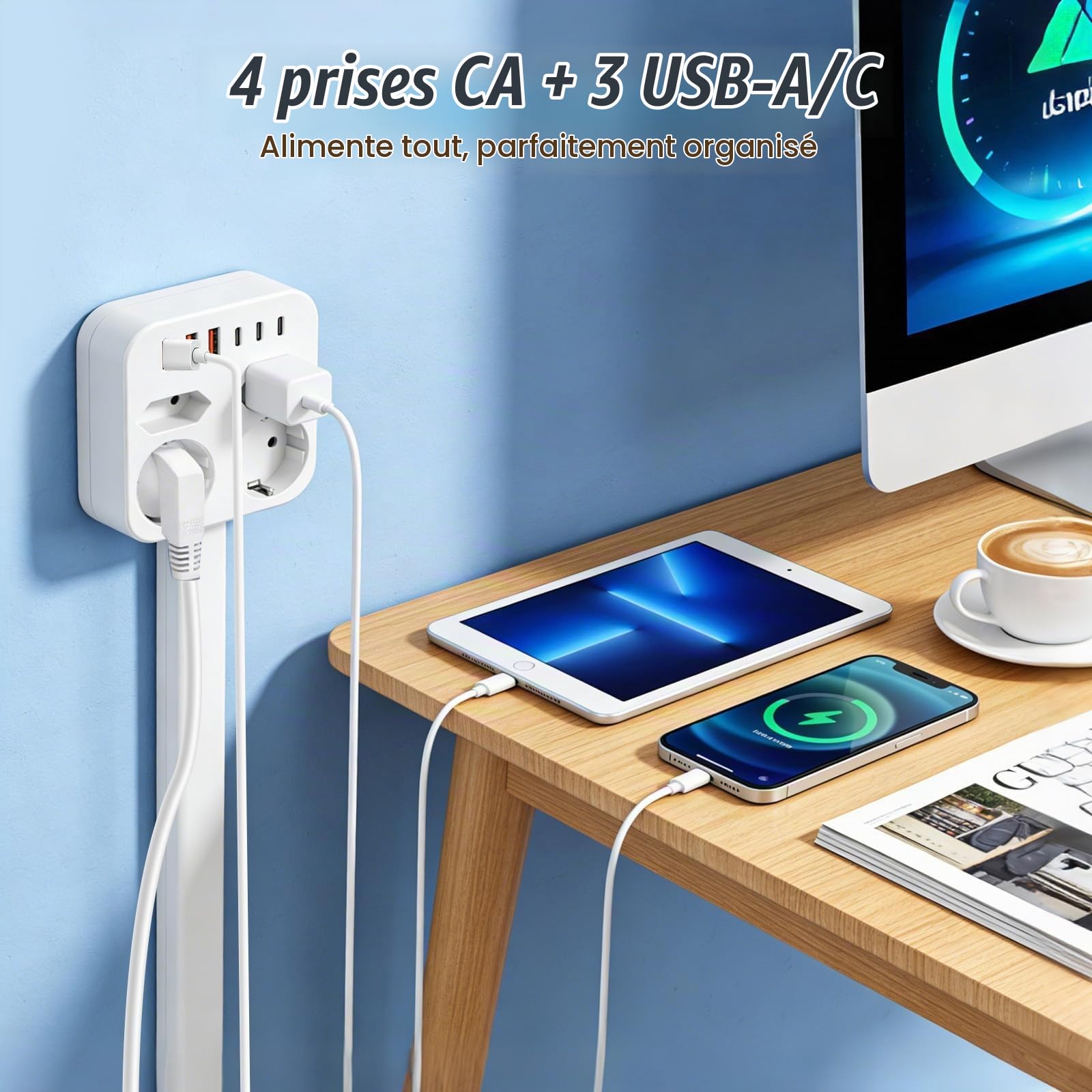 Multiprise Extensible avec 4 Prises AC et 3 USB-A/C, Prise Extensible Derriere Meuble (47-67 cm), MultiPrise Rotative à 360° pour Bureau, Cuisine et Home-Office, Espaces Difficiles d'Accès (Blanc)