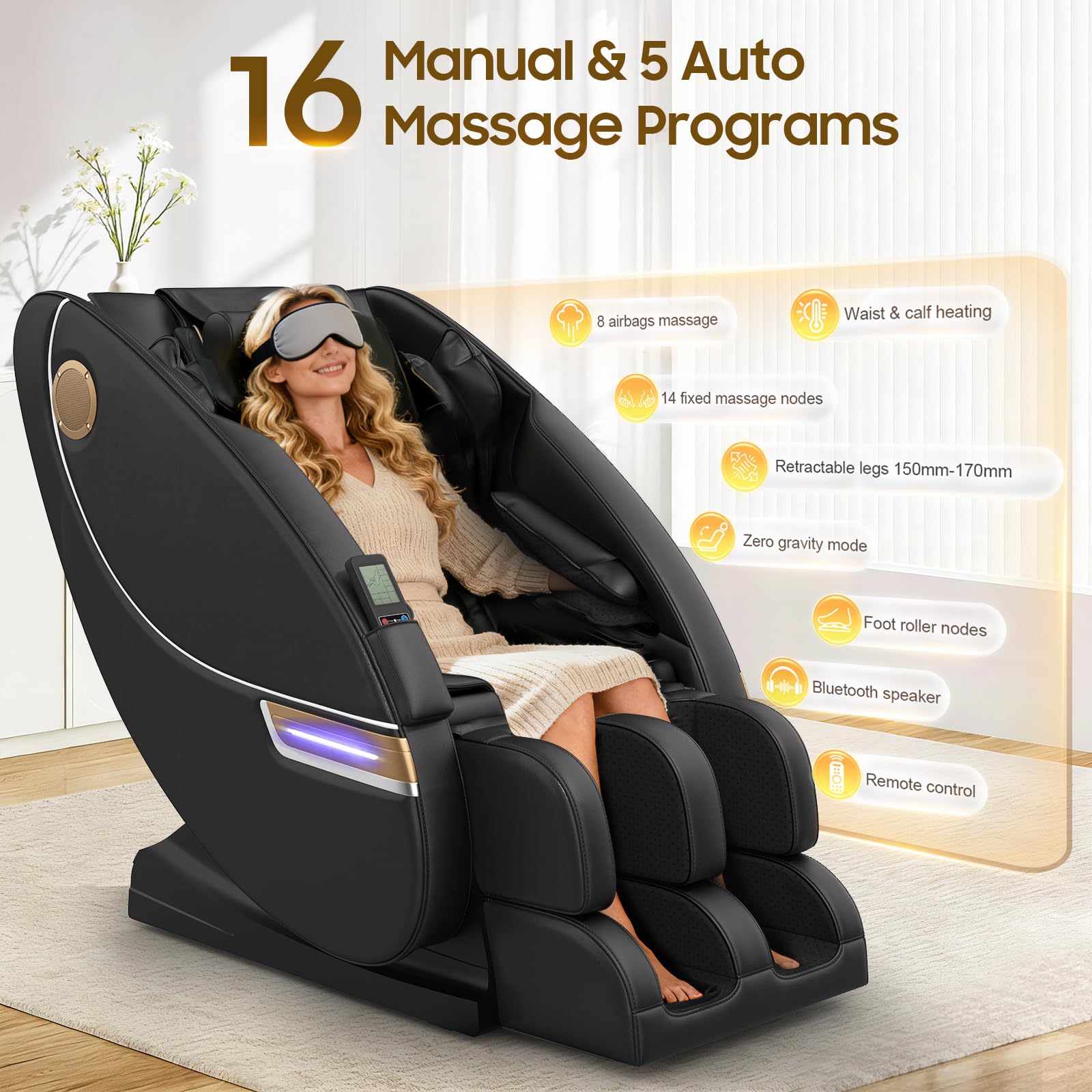 Sillón de Masaje de Cuerpo Completo,con 14 Puntos de Masaje y 8 airbags, calefacción Lumbar y para Las piernas, Masaje con Rodillos para los pies, Altavoz Bluetooth, sillones de Masaje eléct