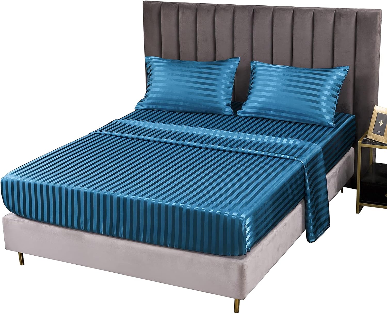 Imitated Silk Jacquard Satin Striped Flat Sheet Protector Dust Protection Breathable Bed Cover Bedspread Deep Pocket Coverlet Bedspread Coverlet (1# Blue, US-King)