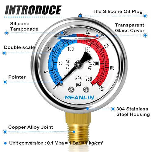 Miniatura 4 de MEANLIN - Medidor de presión NPT de 0-35 psi, filtro de piscina relleno de glicerina con dial de 2 pulgadas, carcasa de acero inoxidable, montaje
