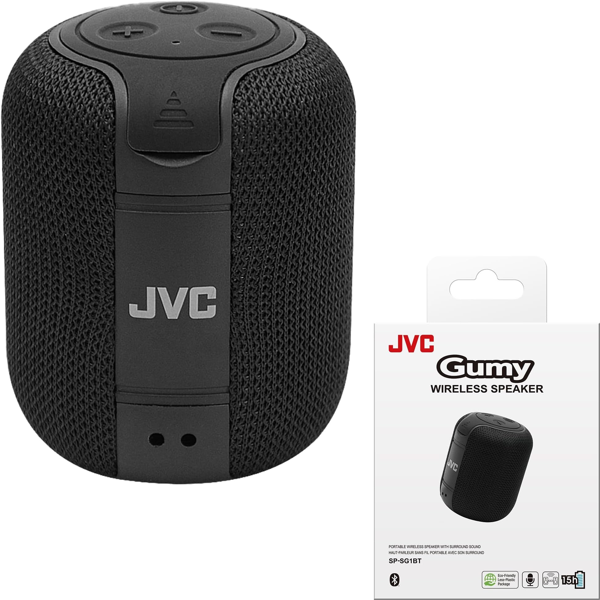 JVC Portable Gumy Wireless Speaker with Surround Sound, Bluetooth 5.3, Lightweight, TWS Capability, USB-C, up to 15-Hour Battery Life - SPSG1BTB (Black)