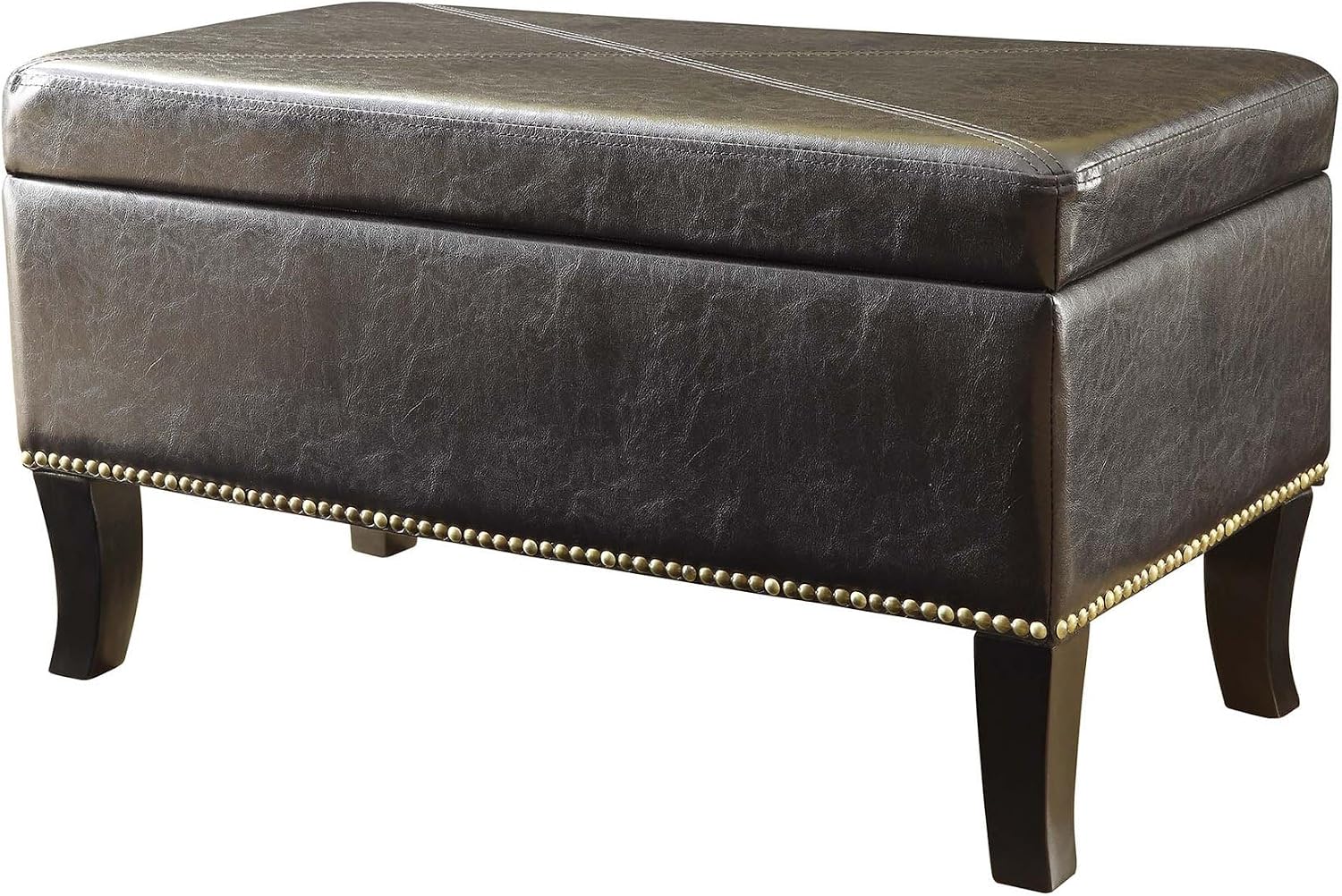 Pemberly Row Storage Ottoman, Faux Leather and Wood, Espresso Finish, Hinged Lid with Nail Head Trim, 18" H x 16" W x 32" D, Comfortable Bench and Decorative Accent Piece for Living Room