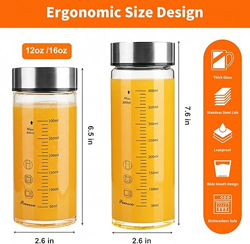 Miniatura 2 de Botellas de vidrio para jugo, paquete de 4 botellas de agua de vidrio de boca ancha con tapas, para jugos, proteínas, licuados, leche, 4-Paquete