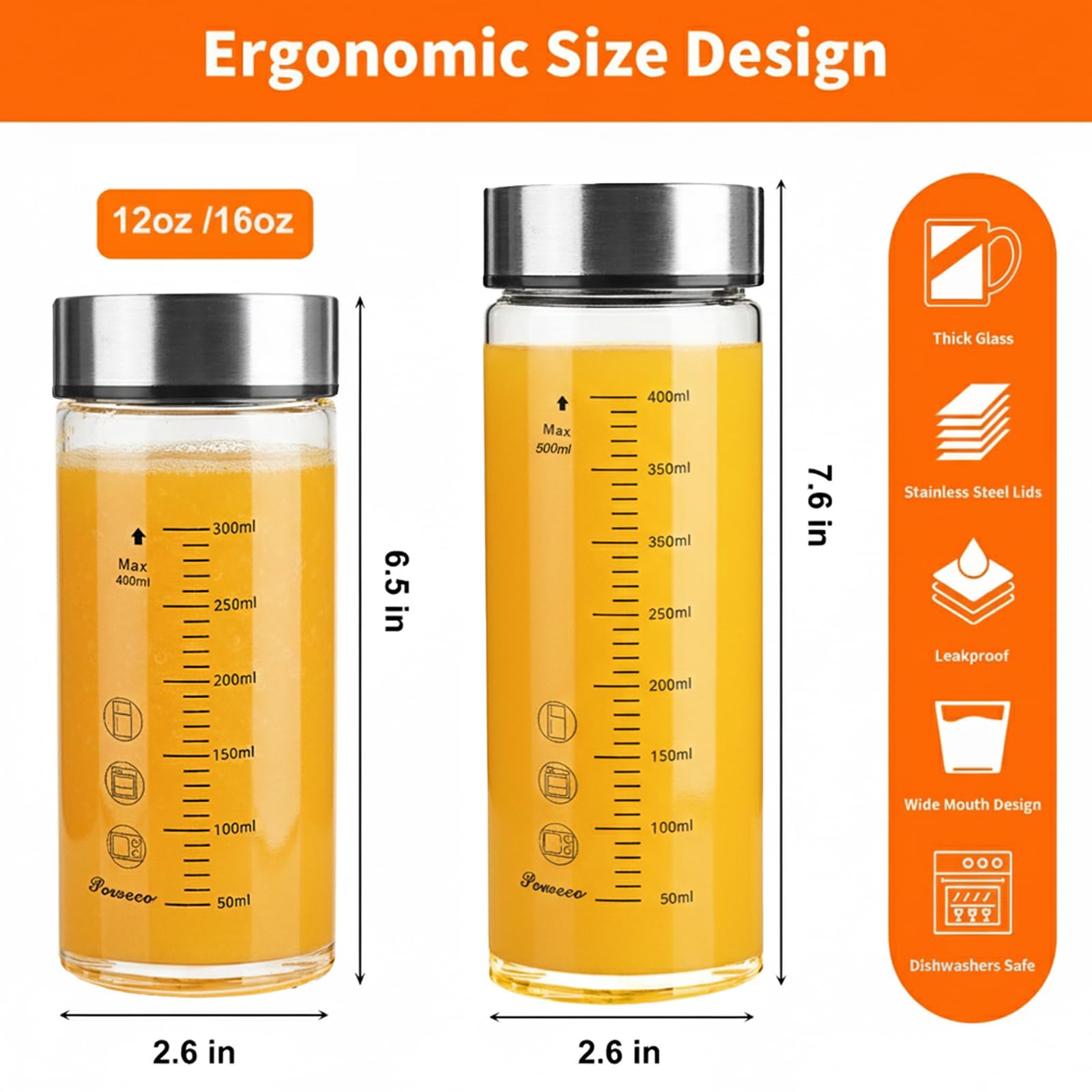 Lot de 6 bouteilles d'eau en verre de 355 ml à large goulot avec couvercles, pour jus, protéines, smoothie, lait, réutilisables, sans BPA, couvercles en acier inoxydable, mélangeur, shaker (400 ml)