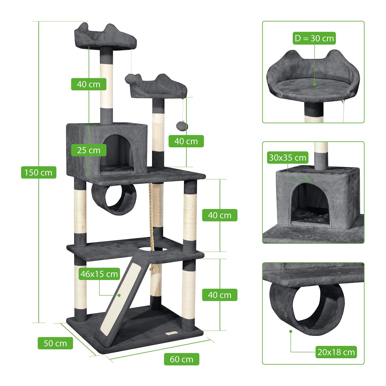 Árbol para Gatos XL, rascador para Gatos, Plataformas, caseta, Hamaca, Pelotas, columnas de sisal, Felpa, Altura 150 cm, Gris Oscuro, garantía de 5 años