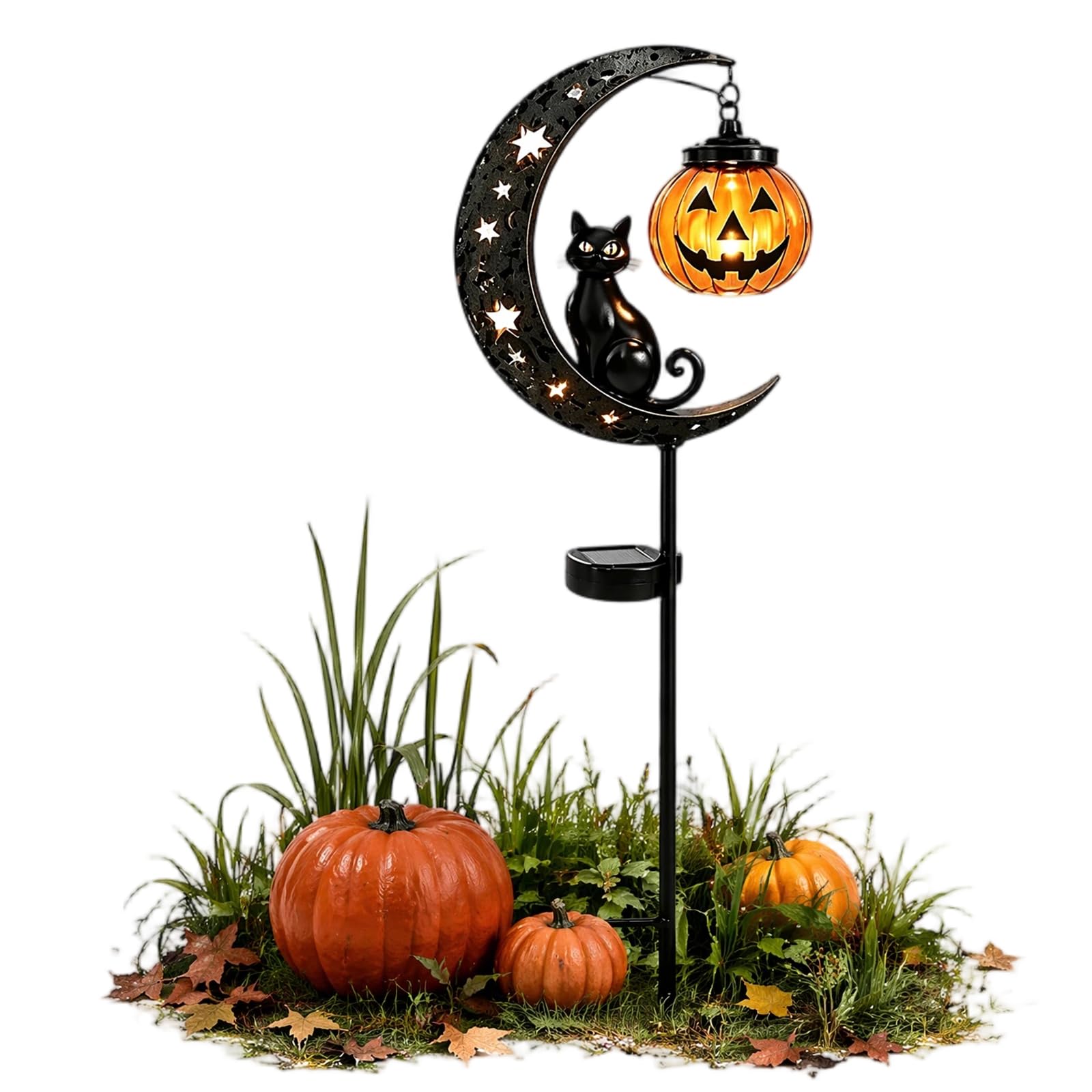 Solar Halloween Stake Light, Black Cat Pumpkin Moon Crackle Glass LED