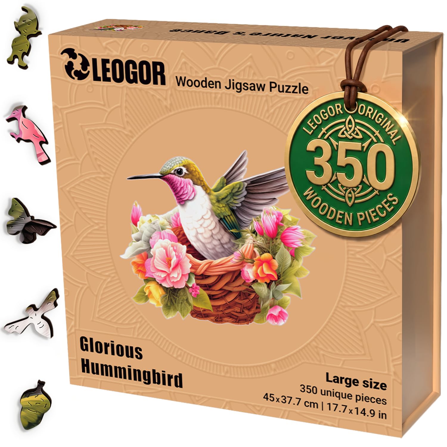 LEOGOR Puzzles en bois pour adultes – 350 pièces, 45 x 37,8 cm – Puzzles en bois extra épais de 5 mm pour adultes, grand puzzle mosaïque en forme d'oiseau, colibri glorieux, pièces uniques dessinées à