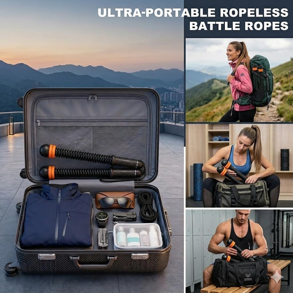 Cordless Weighted Battle Ropes, Adjustable Portable Ropeless Exercise Ropes with Storage Bag, Low-Impact Fitness Equipment for Strength Training & HIIT, Home Gym Use, for Men & Women, Black