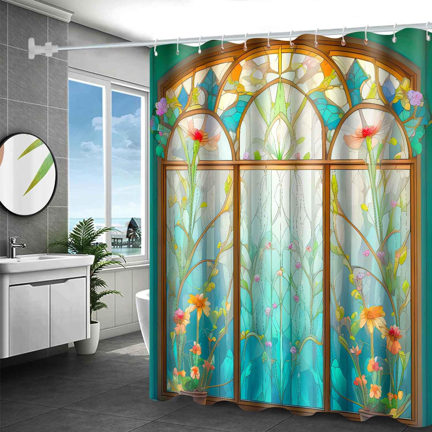 Boho Plant Floral Shower Curtain Church Style Stained Glass Bathroom Curtains 72x84inch Fabric Washable Bathroom Decor with 12 Hooks