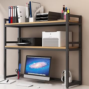2 Tier Multipurpose Countertop Hutch Bookshelf - Metal Desktop Bookcase For Computer Desk, Adjustable Desk Organizer Rack, Desk Books Storage Display Shelf, Office Open Rack Shelving  Color Black ,