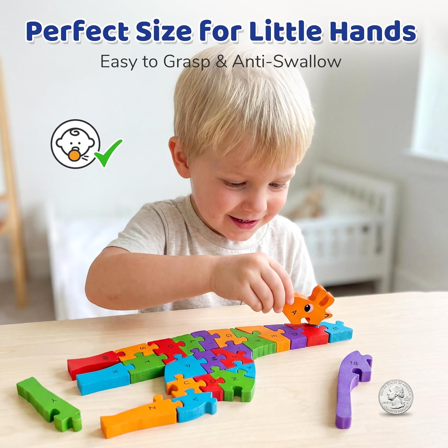 LovesTown Wooden Puzzles for Kids, Double Sided Giraffe Jigsaw with Alphabet & Numbers, Montessori Educational Toy for Toddlers, Chunky Animal Gift