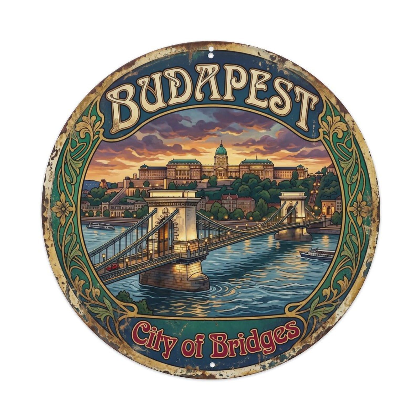 Cmhok Vintage Style Vintage Travel Budapest Bridge Hungary Metal Tin Sign Plaque Wall Decor For Cafe, Club, Garden Round Metal Poster 8X8inch