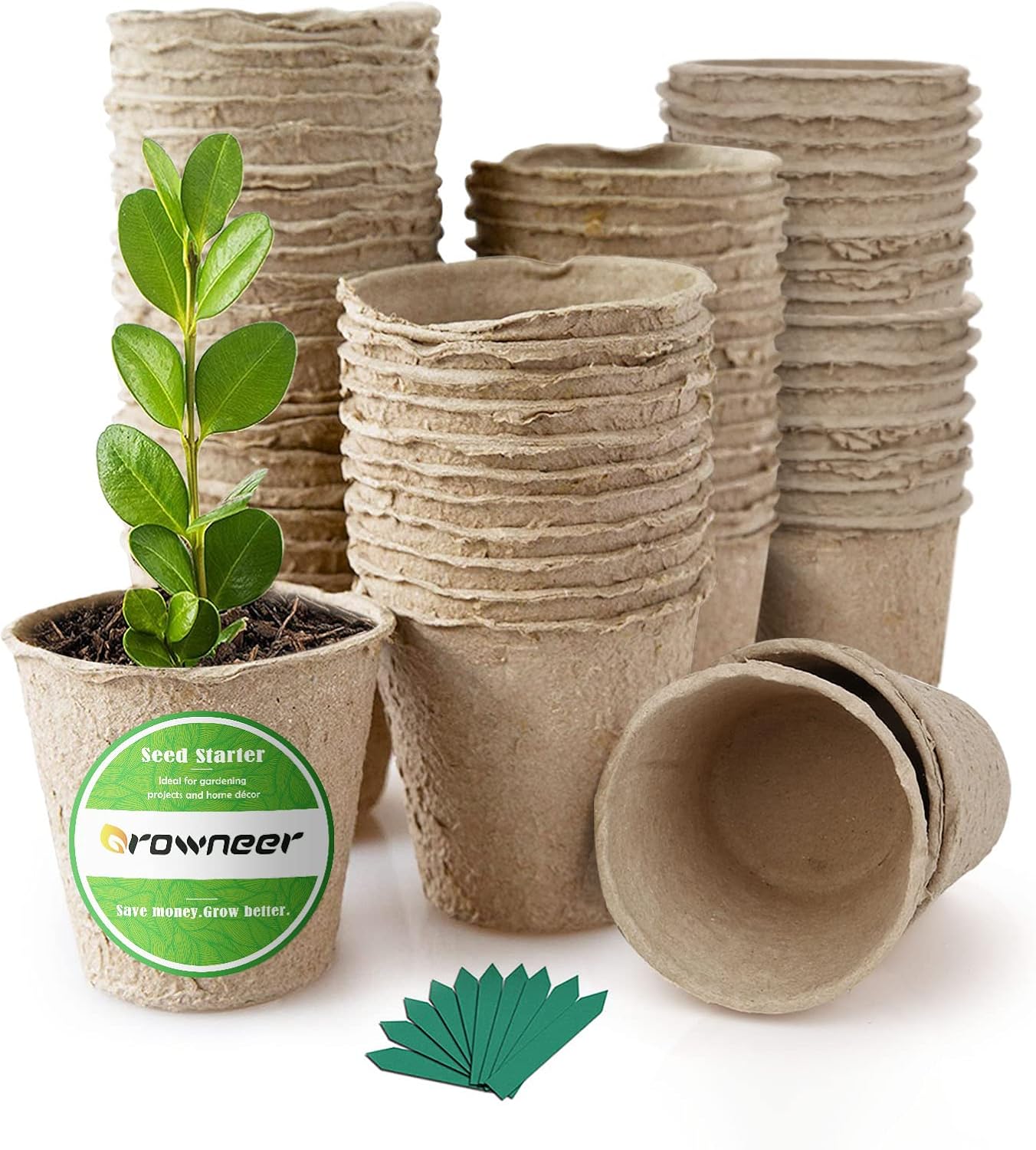 GROWNEER 60 Packs 2.4 Inch Peat Pots Plant Starters for Seedling with 25 Pcs Plant Labels, Biodegradable Herb Seed Starter Pots Kits, Garden Germination Nursery Pot