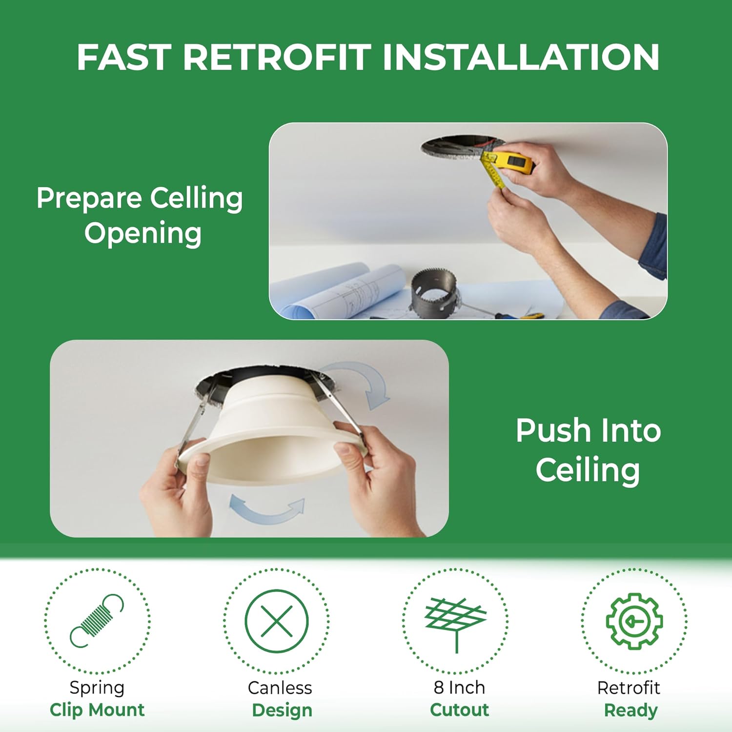 E2 LIGHTING 8 Inch Recessed Lights, Commercial LED Ceiling Light Fixture, 5 CCT & Wattage Tunable (2700K–5000K, 16W-35W), Dimmable Canless Light for Commercial and Home Lighting Fixtures Ceiling