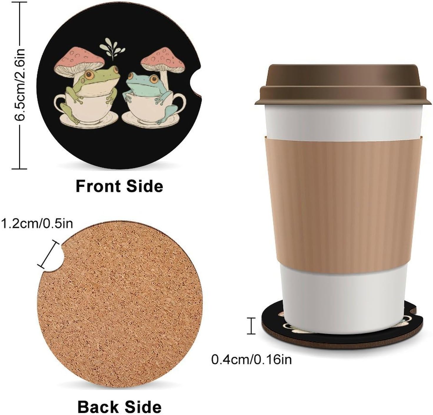 Teacups Frogs Mushroom Cute Car Coasters 2.56 Inch Absorbent Cup Holder for Drinks Auto Interior Accessories