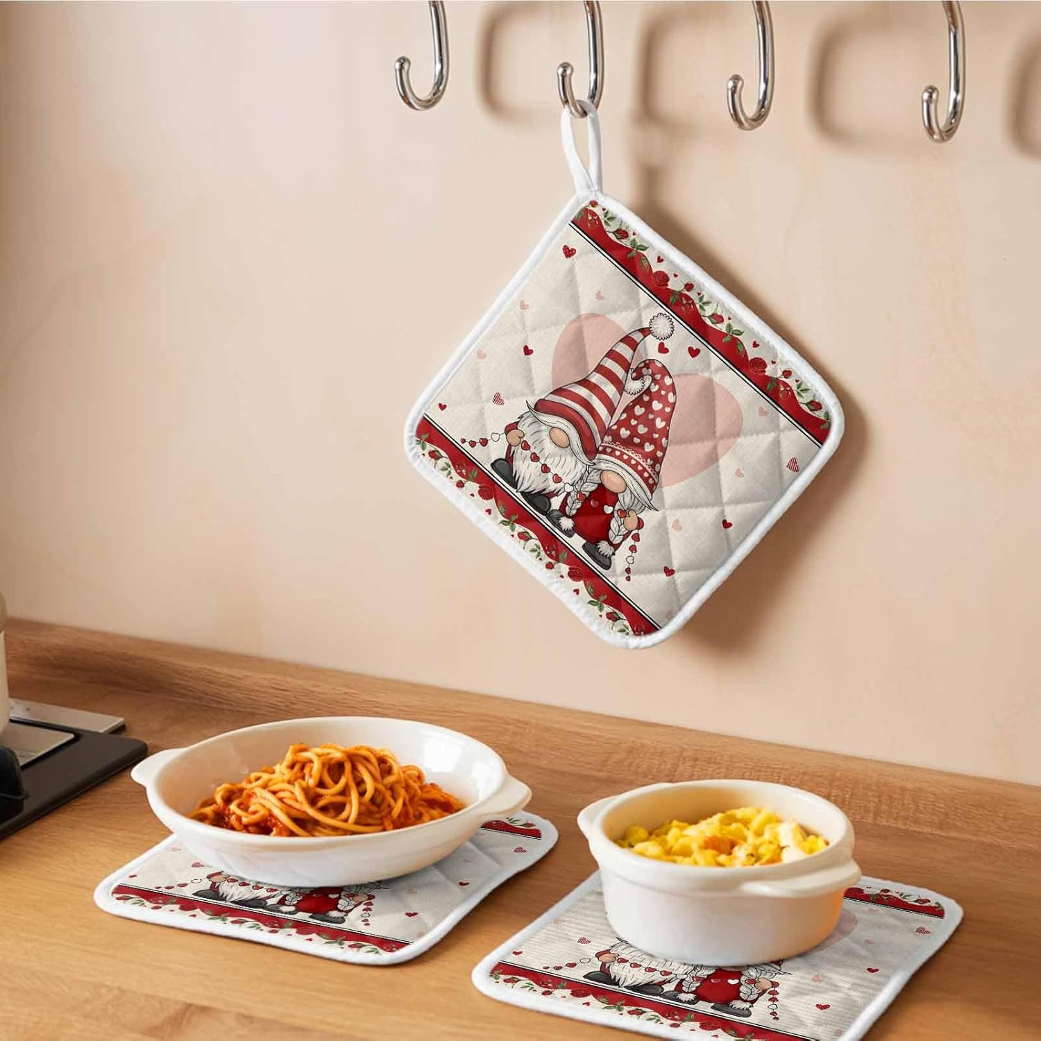 5 Pack Pot Holders for Kitchen, Valentine's Day Hot Pads for Kitchen Countertops Oven Pot Holder Bulk, Rustic Vintage Gnomes Love Rose Flowers Heat Insulation Potholders with Hanging Loops