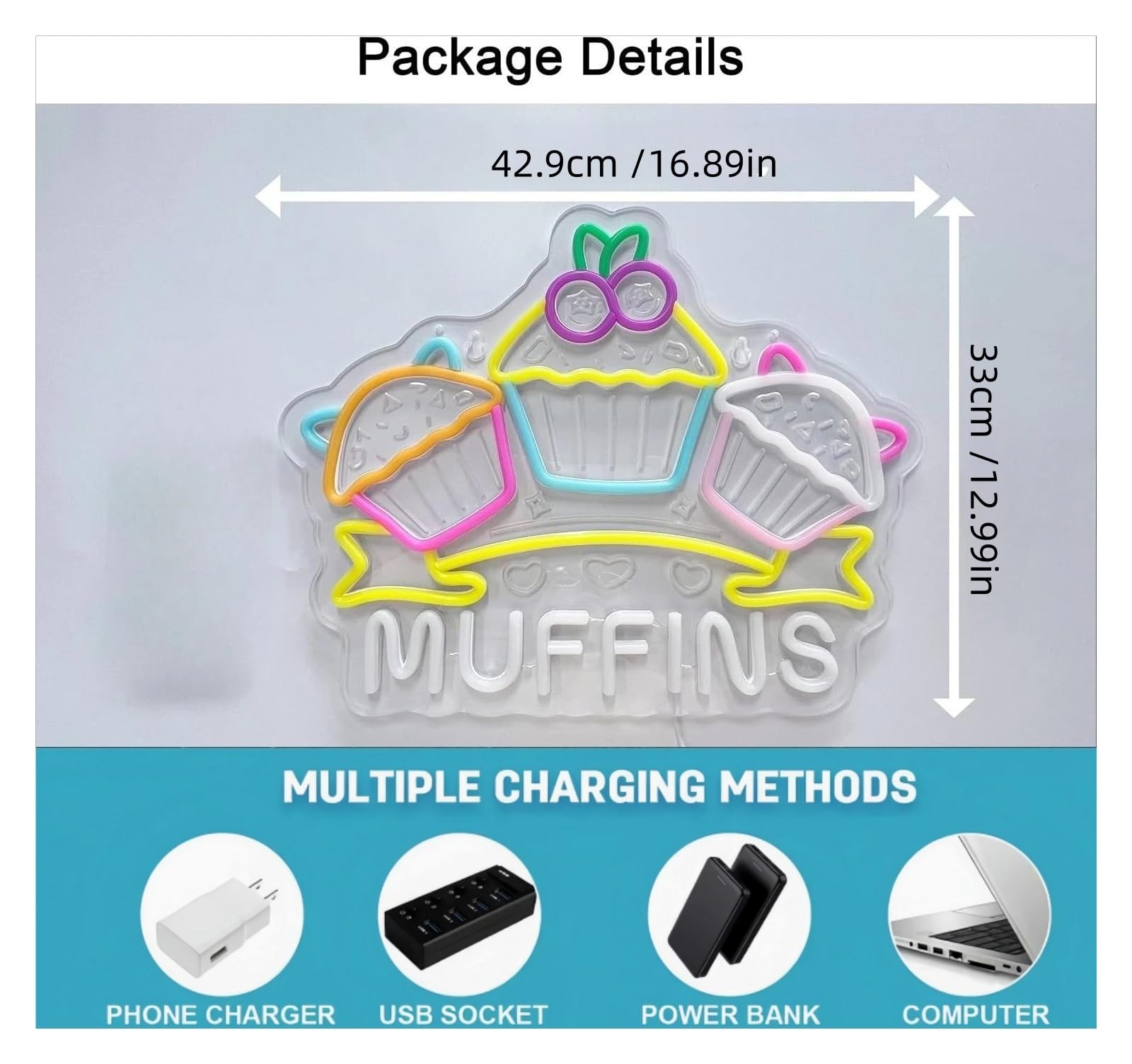 Hängende Kunst Leuchtreklamen Muffins Neonschild, LED-Licht Für Heiße Kuchen, Snacks, Geschäft, Süßwaren, Convenience-Café, Dessertladen, Wanddekoration, Dimmbare Lampe 42.9cmx33cm