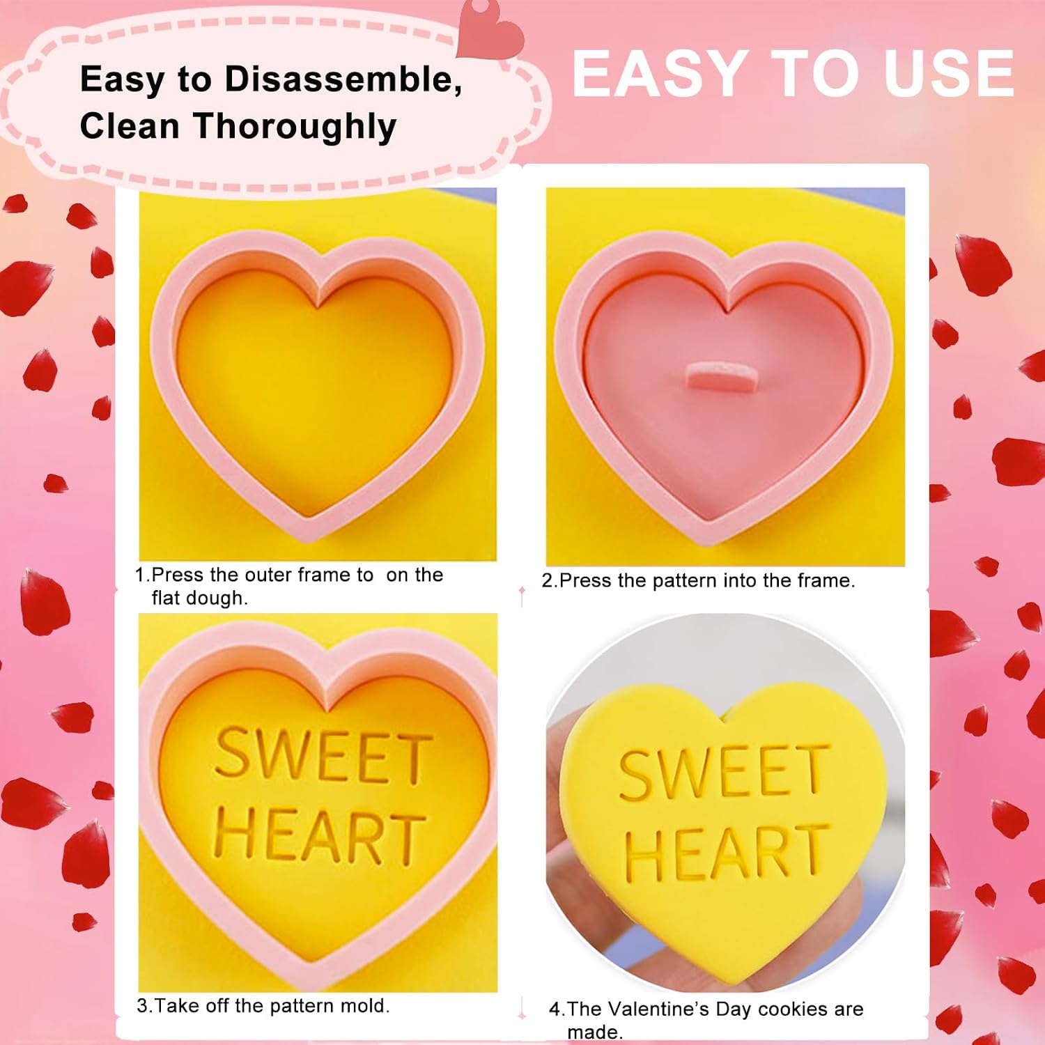 110Pcs Valentine's Day Cookie Cutters, 3D Hearts Cookie Stamps & Cookie Treat Bags Set, Plastic Cookie Press Cookie Mould Kitchen Tools for Party DIY Baking Supplies (Hearts C)