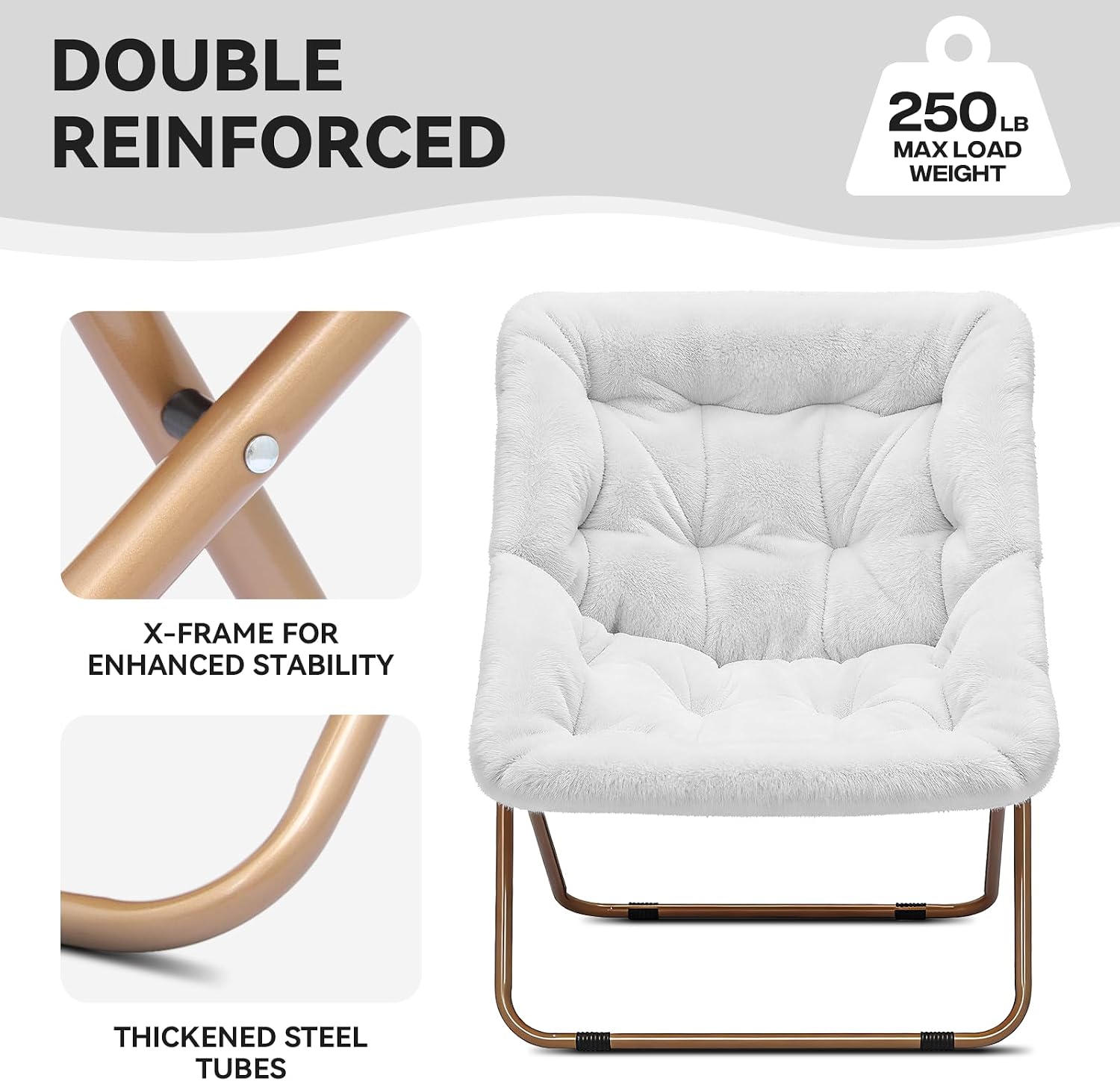 Magshion Folding Saucer Chair for Adults Comfy Lounge Reading Seat Accent Chair Faux Fur Lazy Seating with Thick Padded Metal Frame for Bedroom Living Room Small Space (White)