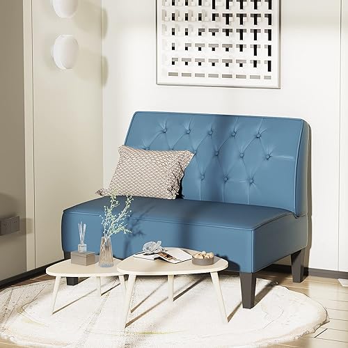 Miniatura 8 de Alunaune - Sofá de dos plazas tapizado en azul para dormitorio, sofá banco de estilo moderno sin brazos con cojines, sofá pequeño de estilo loveseat