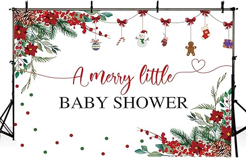 Miniatura 9 de MEHOFOND Telón de fondo de Navidad de 7 x 5 pies para baby shower con texto en inglés "A Merry Little Baby Shower Decoraciones", pancarta roja de